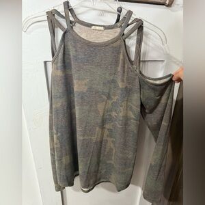 Distressed Camo Cold Shoulder Top